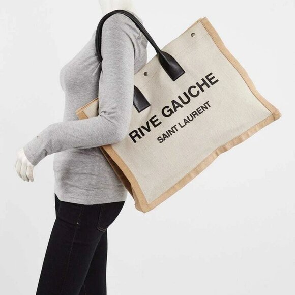 Yves Saint Laurent Natural Linen And Leather Rive Gauche Tote Bag - Picture 2 of 9